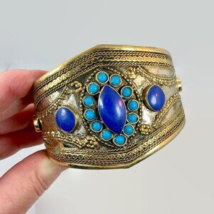 Vintage Afghan Bracelet: Middle Eastern Kuchi Blue Turquoise Silver Brass Glass